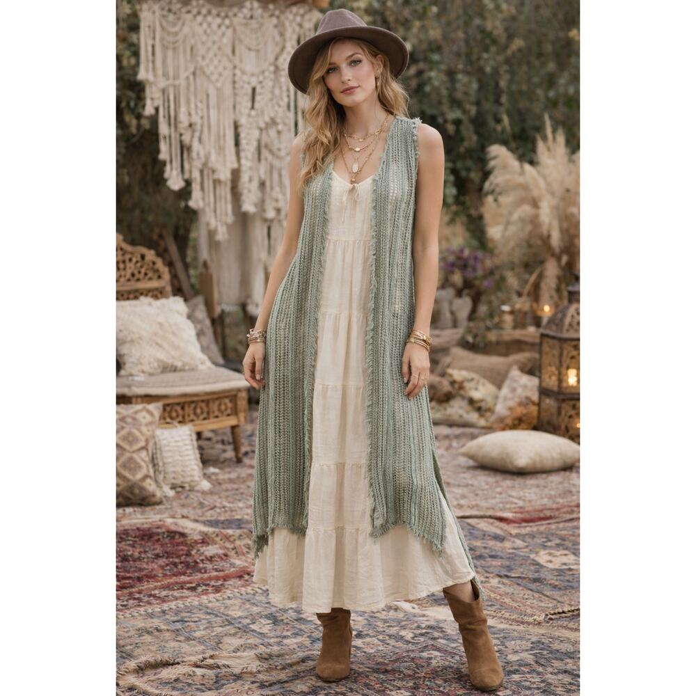 POL Open Knit Duster Cardigan Sleeveless Longline Boho Layering Vest NWT Sage